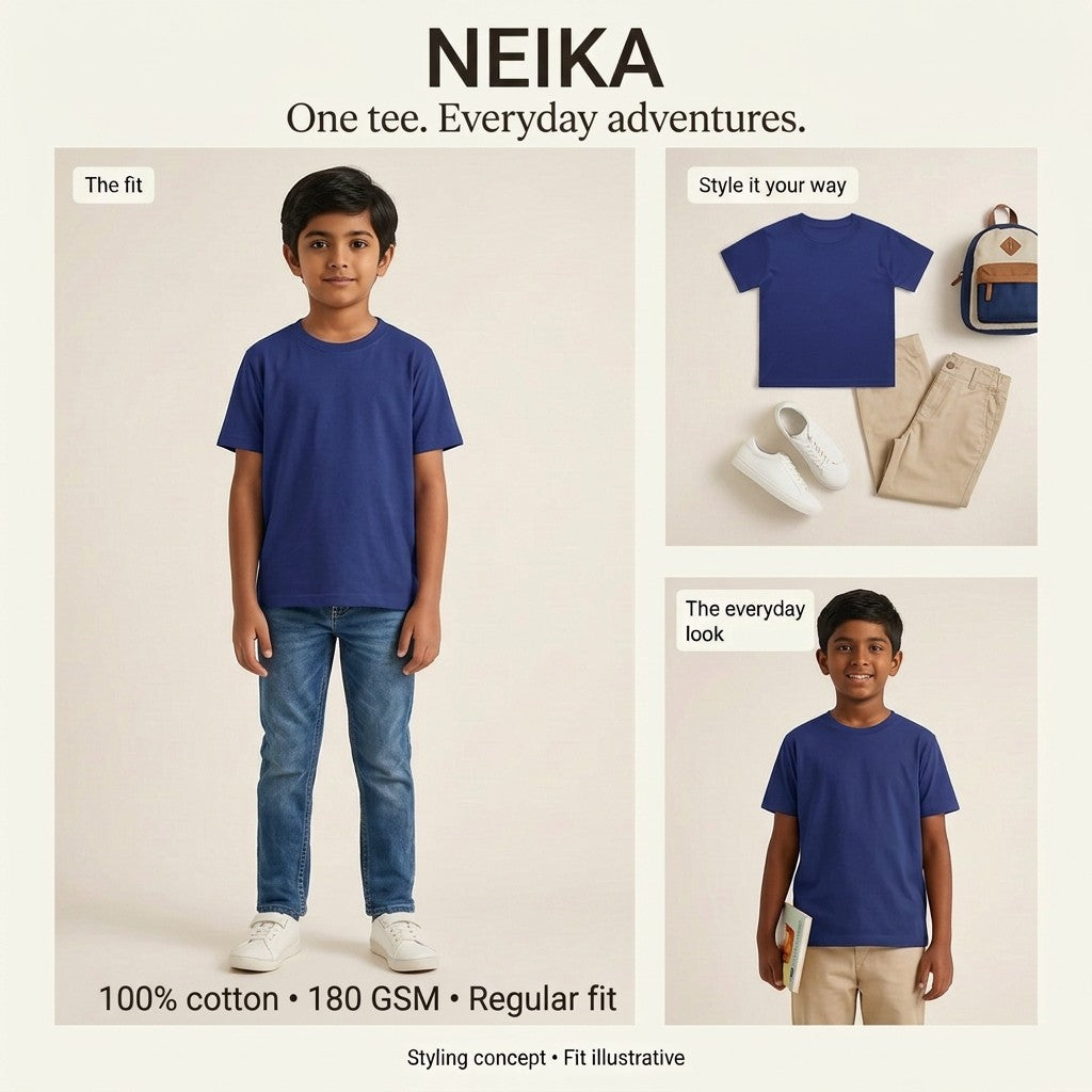 NEIKA Boys' Cotton Crew Neck T-Shirt, Regular Fit