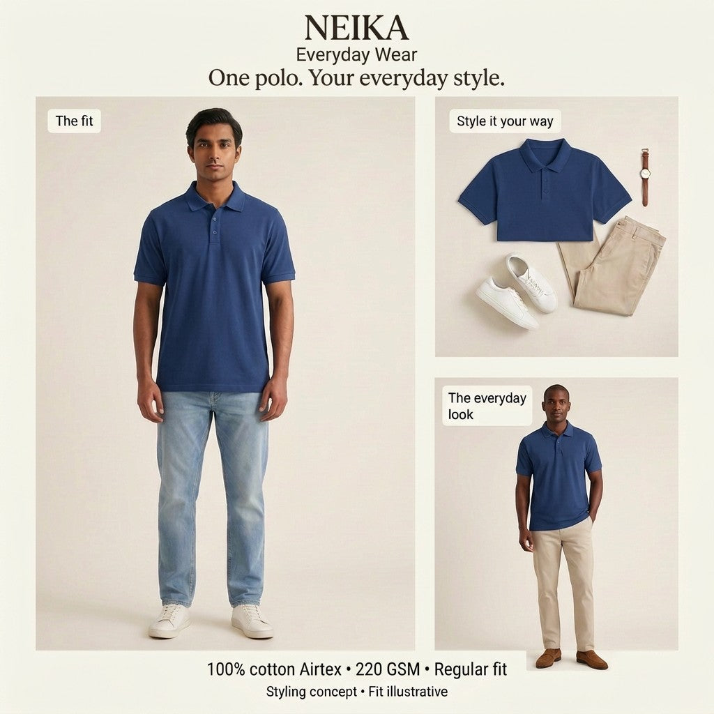 NEIKA Unisex Cotton Airtex Polo T-Shirt, Regular Fit