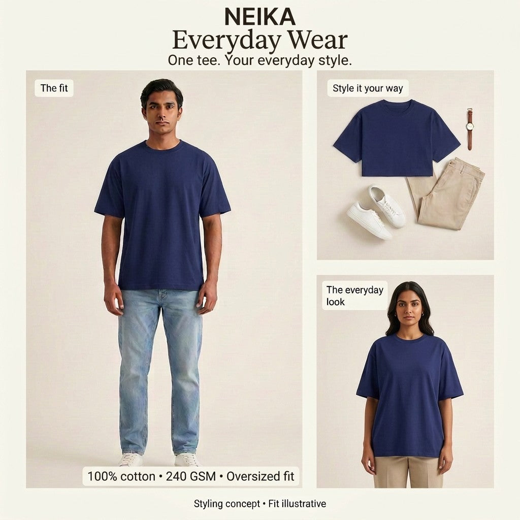 NEIKA Unisex Oversized Classic Cotton T-Shirt, 240 GSM