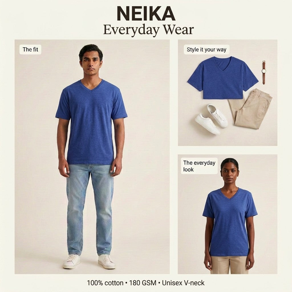 NEIKA Unisex Cotton V-Neck T-Shirt, 180 GSM