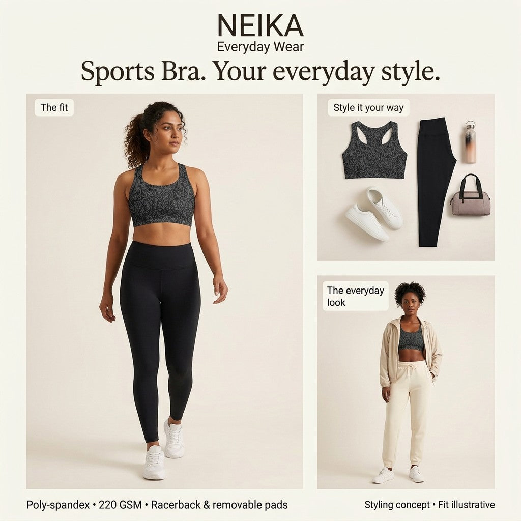 NEIKA Women's Black Racerback Sports Bra with Removable Pads, 220 GSM