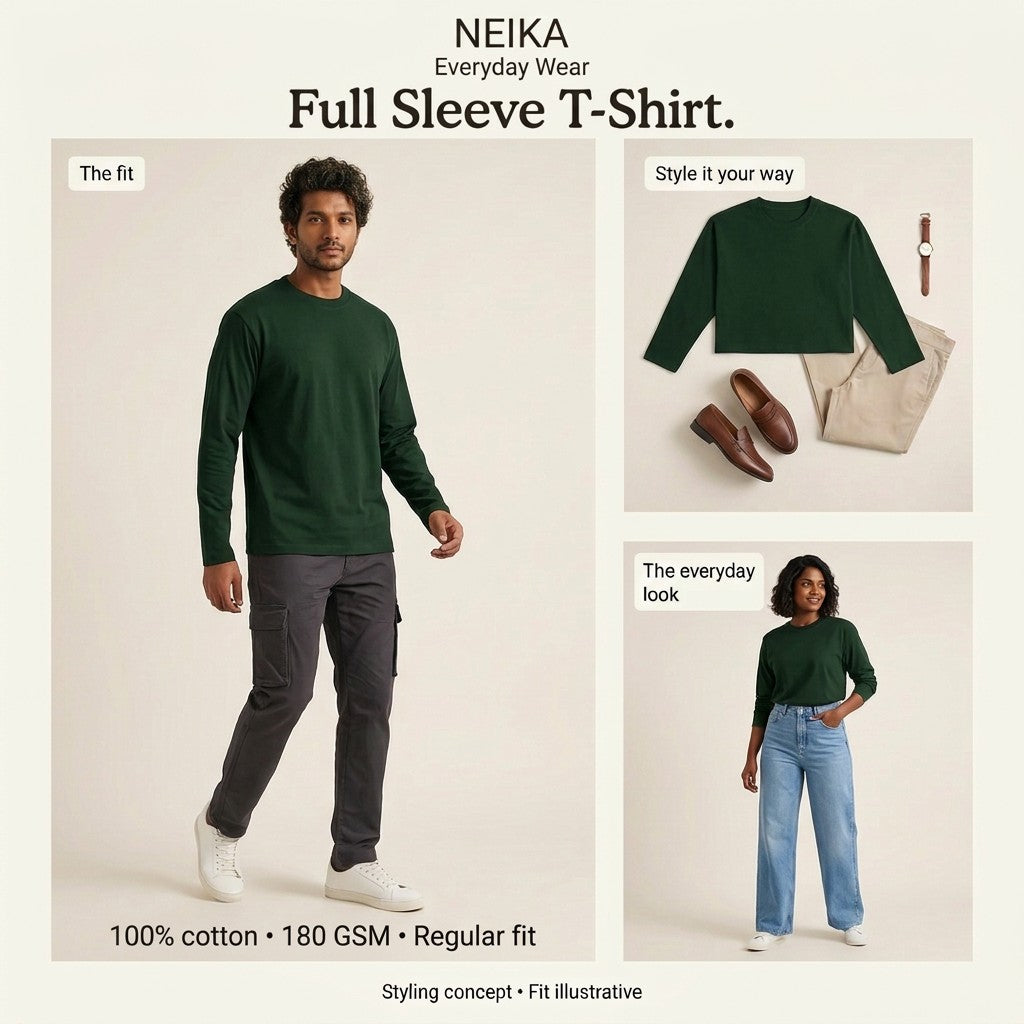 NEIKA Unisex Full Sleeve Cotton T-Shirt, 180 GSM Regular Fit