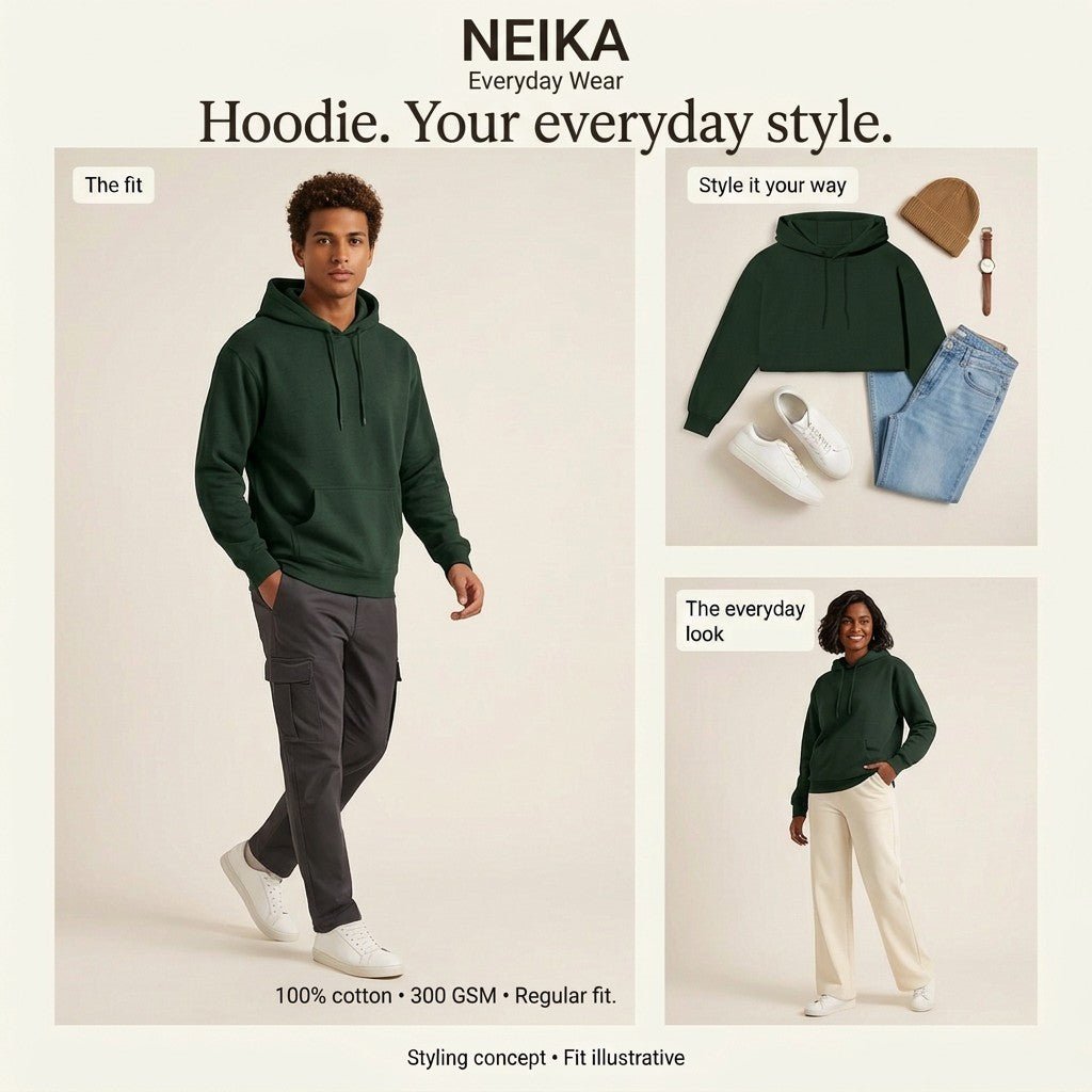 NEIKA Unisex Cotton Hoodie, 300 GSM Brushed Fleece Regular Fit