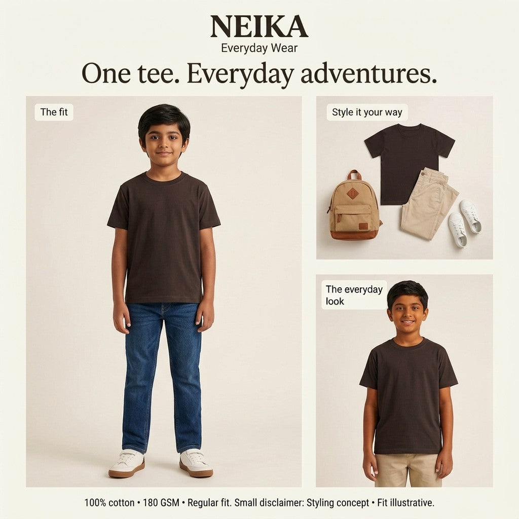 NEIKA Boys' Cotton Crew Neck T-Shirt, Regular Fit