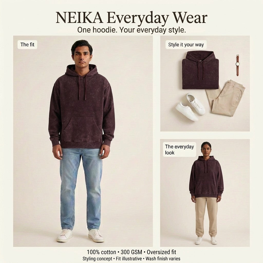 NEIKA Unisex Acid-Washed Oversized Cotton Hoodie, 300 GSM