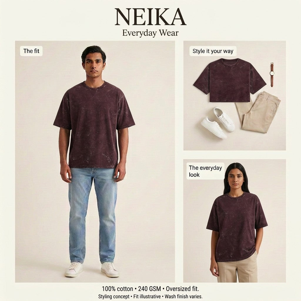 NEIKA Unisex Acid-Washed Oversized Cotton T-Shirt, 240 GSM