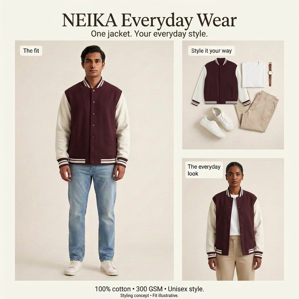 NEIKA Unisex Cotton Varsity Jacket, 300 GSM