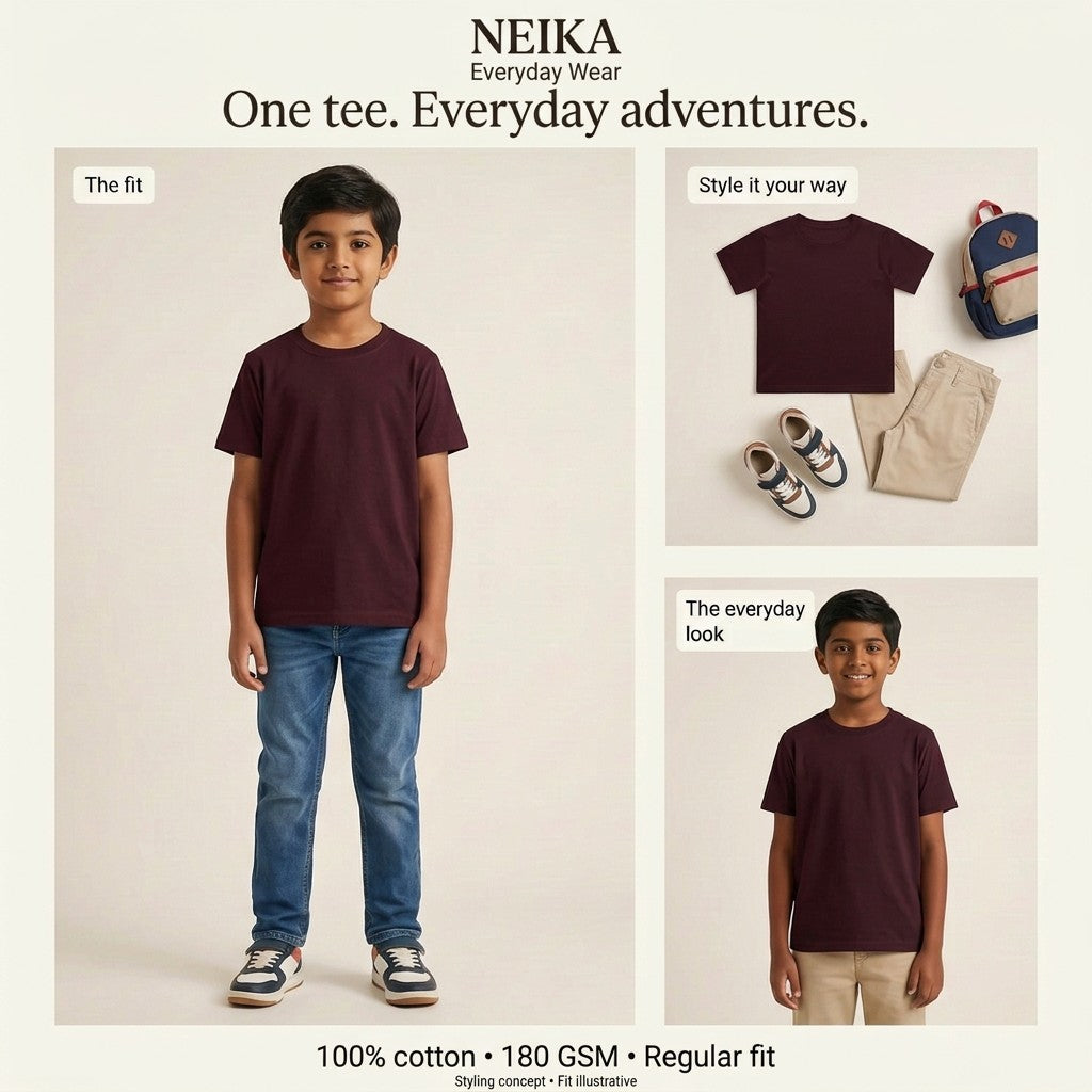 NEIKA Boys' Cotton Crew Neck T-Shirt, Regular Fit