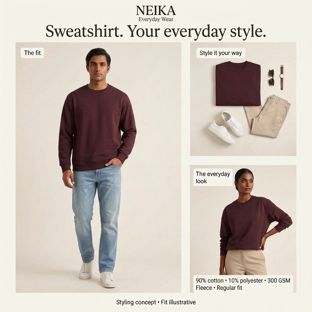 NEIKA Unisex Fleece Sweatshirt, 300 GSM Cotton Blend Regular Fit