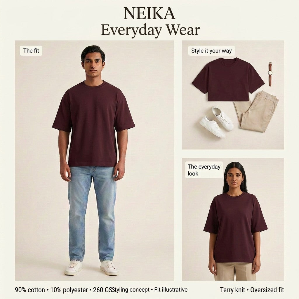 NEIKA Unisex Terry Oversized T-Shirt, 260 GSM Cotton Blend