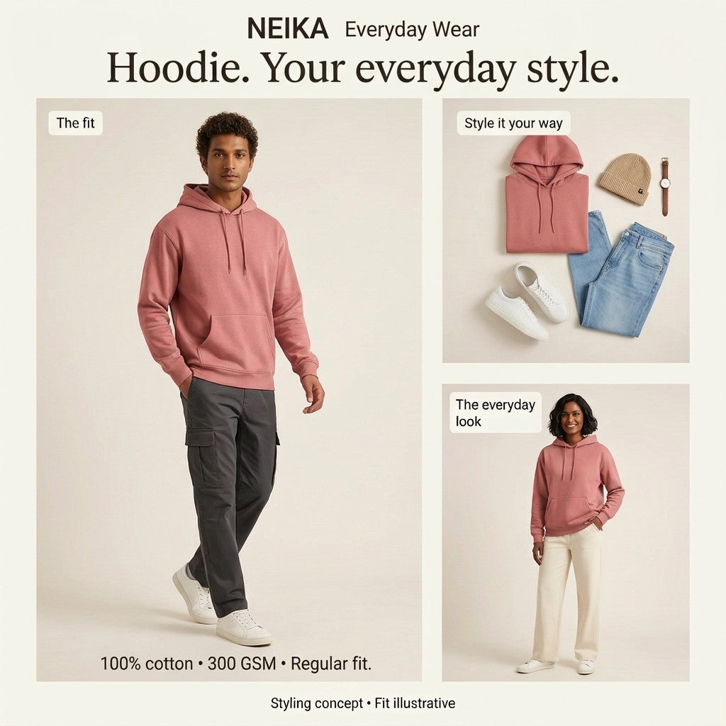 NEIKA Unisex Cotton Hoodie, 300 GSM Brushed Fleece Regular Fit
