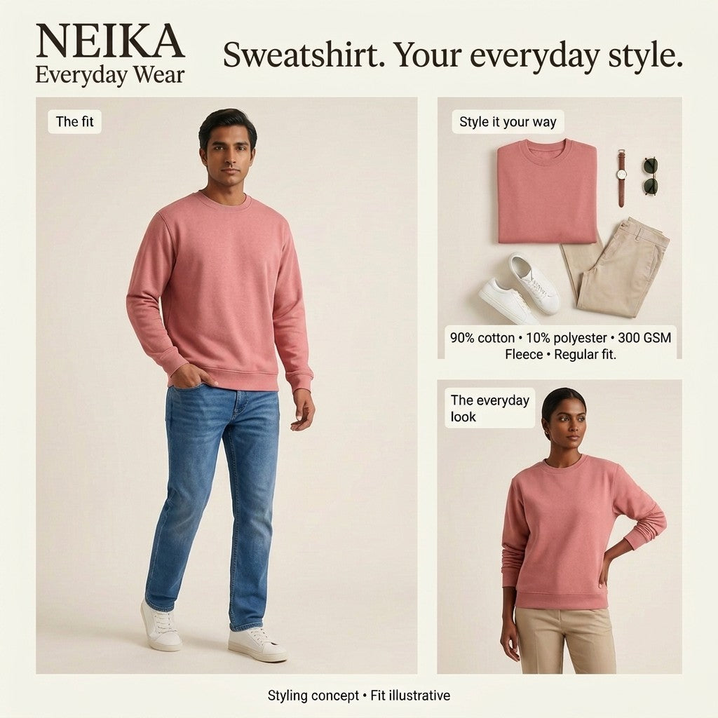 NEIKA Unisex Fleece Sweatshirt, 300 GSM Cotton Blend Regular Fit