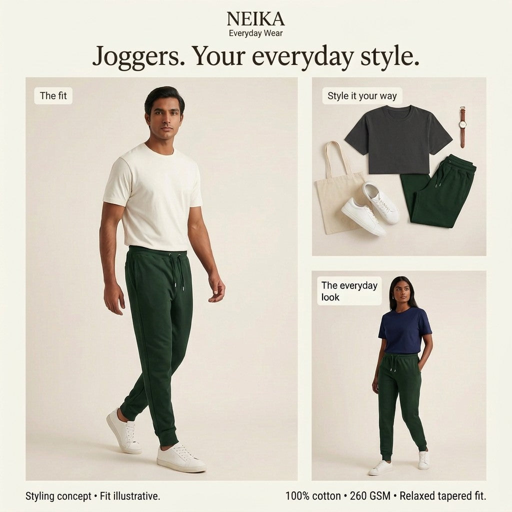 NEIKA Unisex Cotton Joggers, 260 GSM Relaxed Tapered Fit