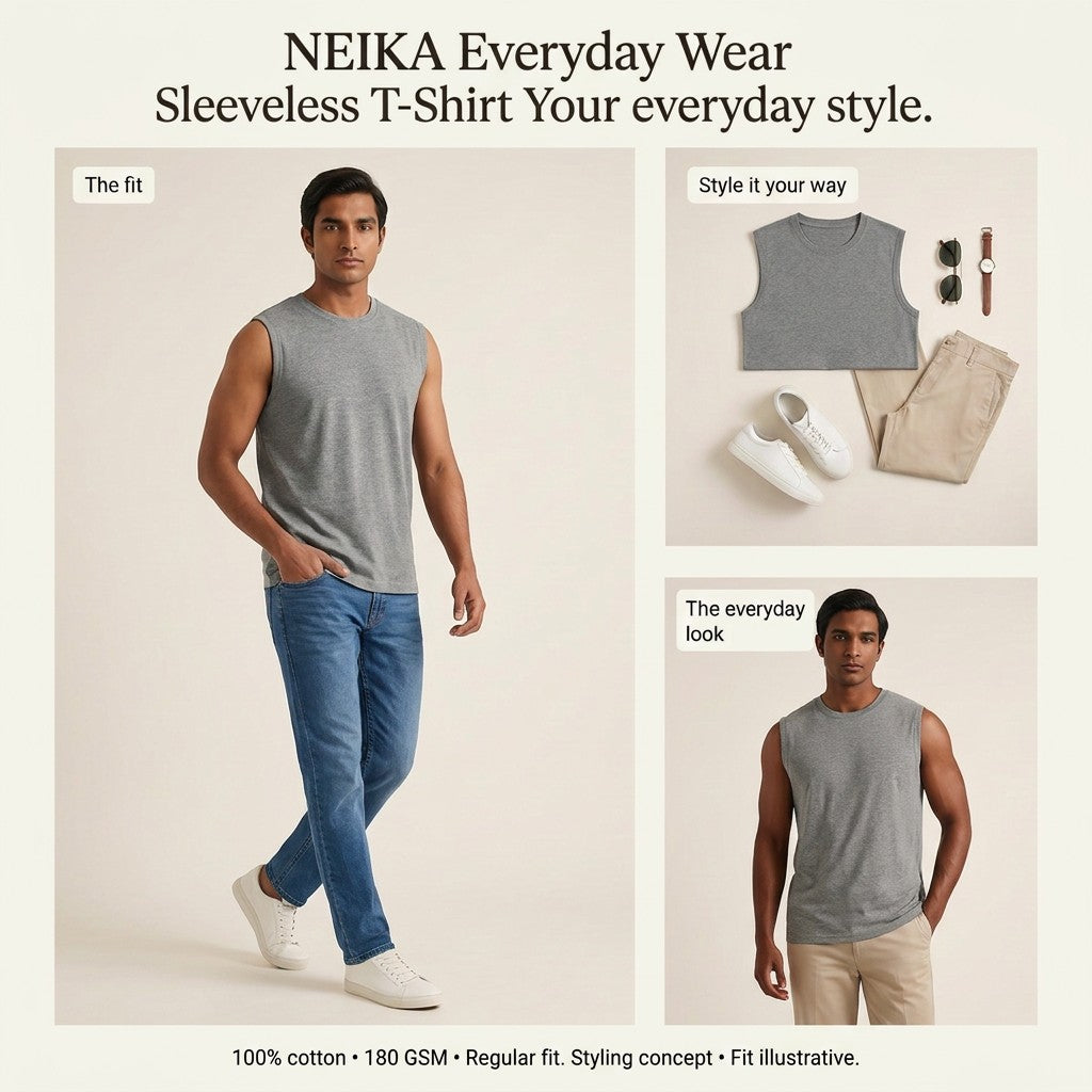 NEIKA Men's Sleeveless Cotton T-Shirt, 180 GSM Regular Fit
