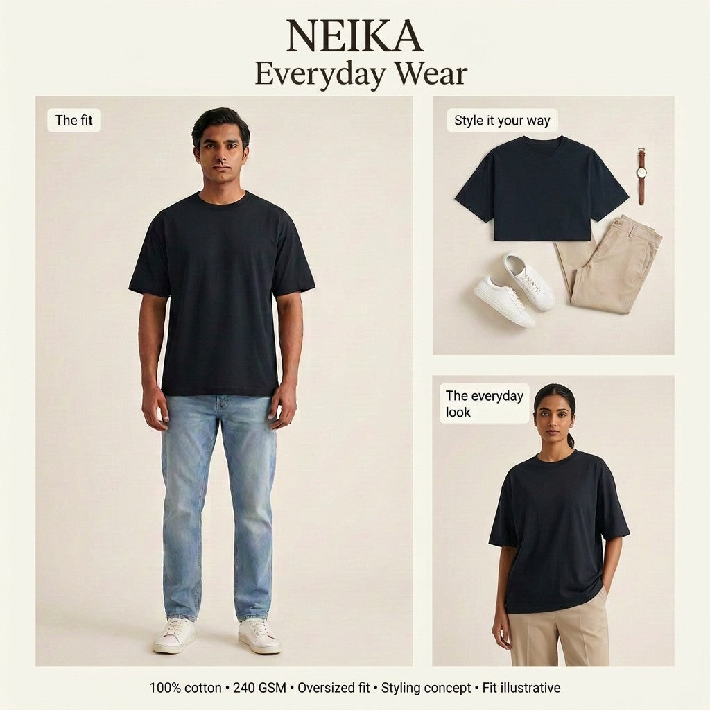 NEIKA Unisex Oversized Classic Cotton T-Shirt, 240 GSM