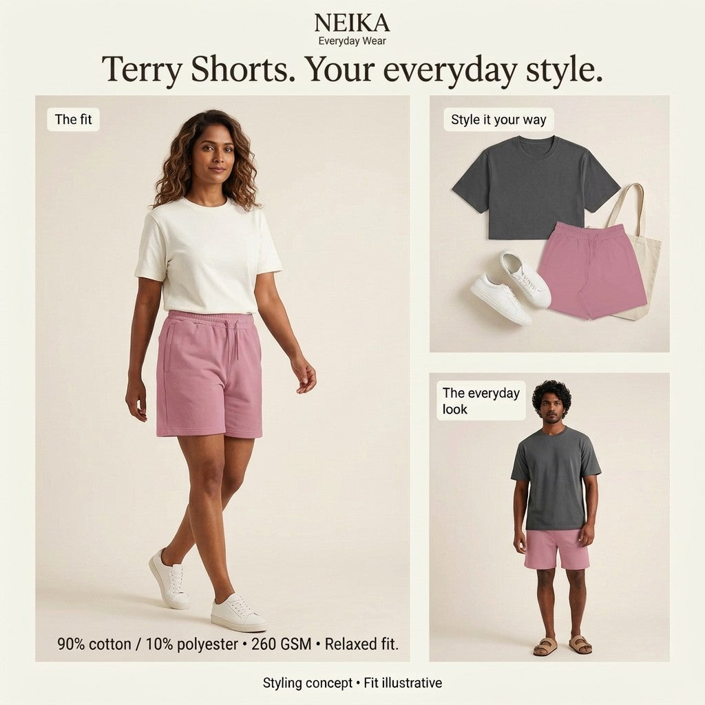 NEIKA Unisex Terry Shorts, 260 GSM Cotton Blend Relaxed Fit