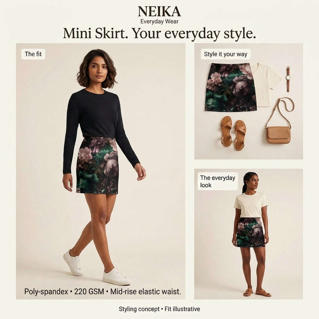 NEIKA Women's Black Base Stretch Mini Skirt, 220 GSM