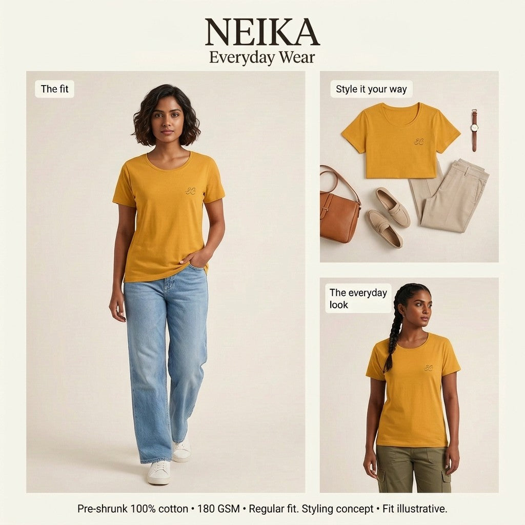 NEIKA Women's Classic Cotton T-Shirt, 180 GSM Regular Fit
