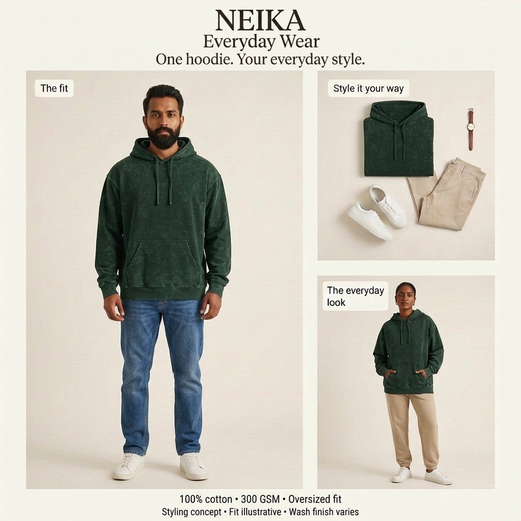 NEIKA Unisex Acid-Washed Oversized Cotton Hoodie, 300 GSM