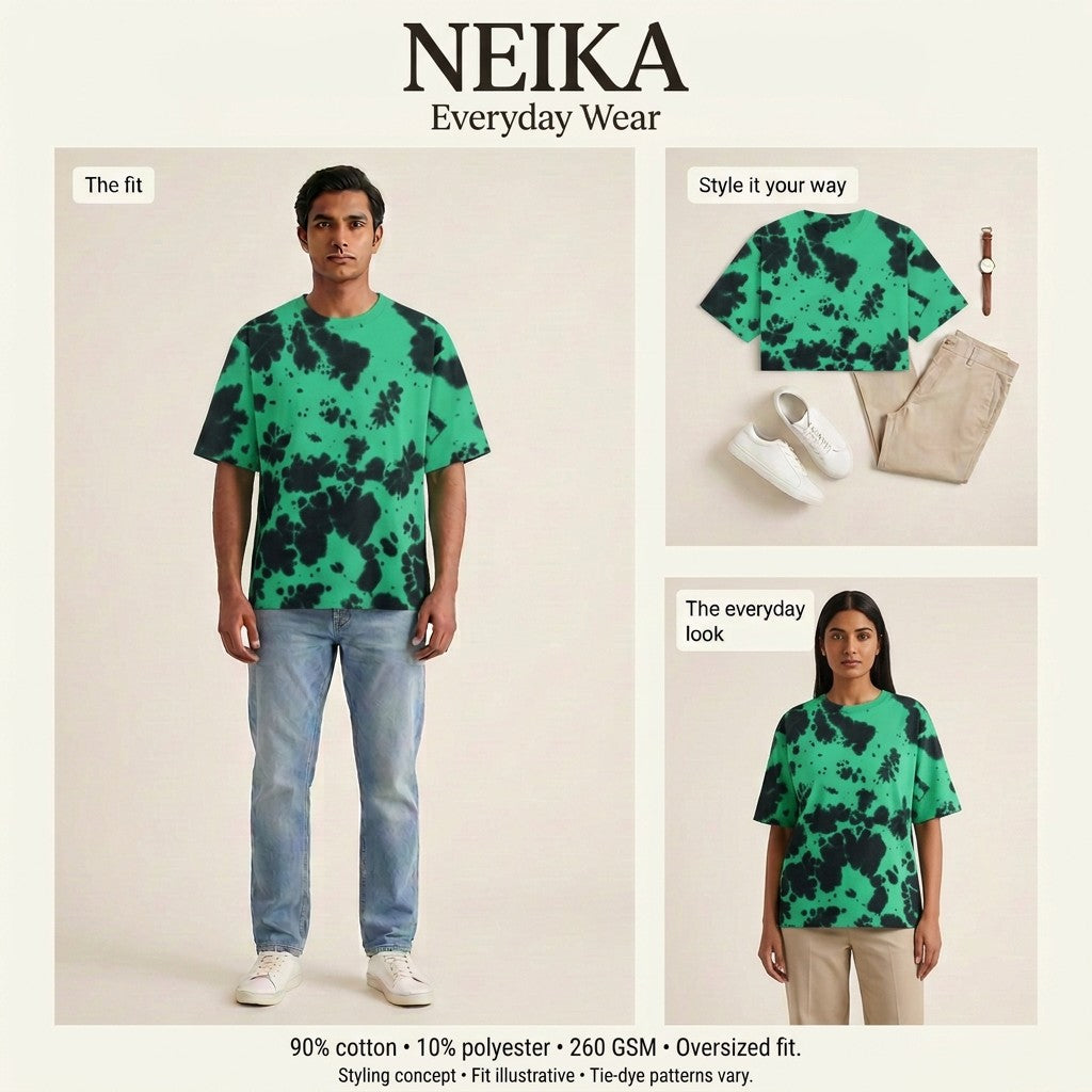 NEIKA Unisex Tie-Dye Oversized T-Shirt, 260 GSM Cotton Blend