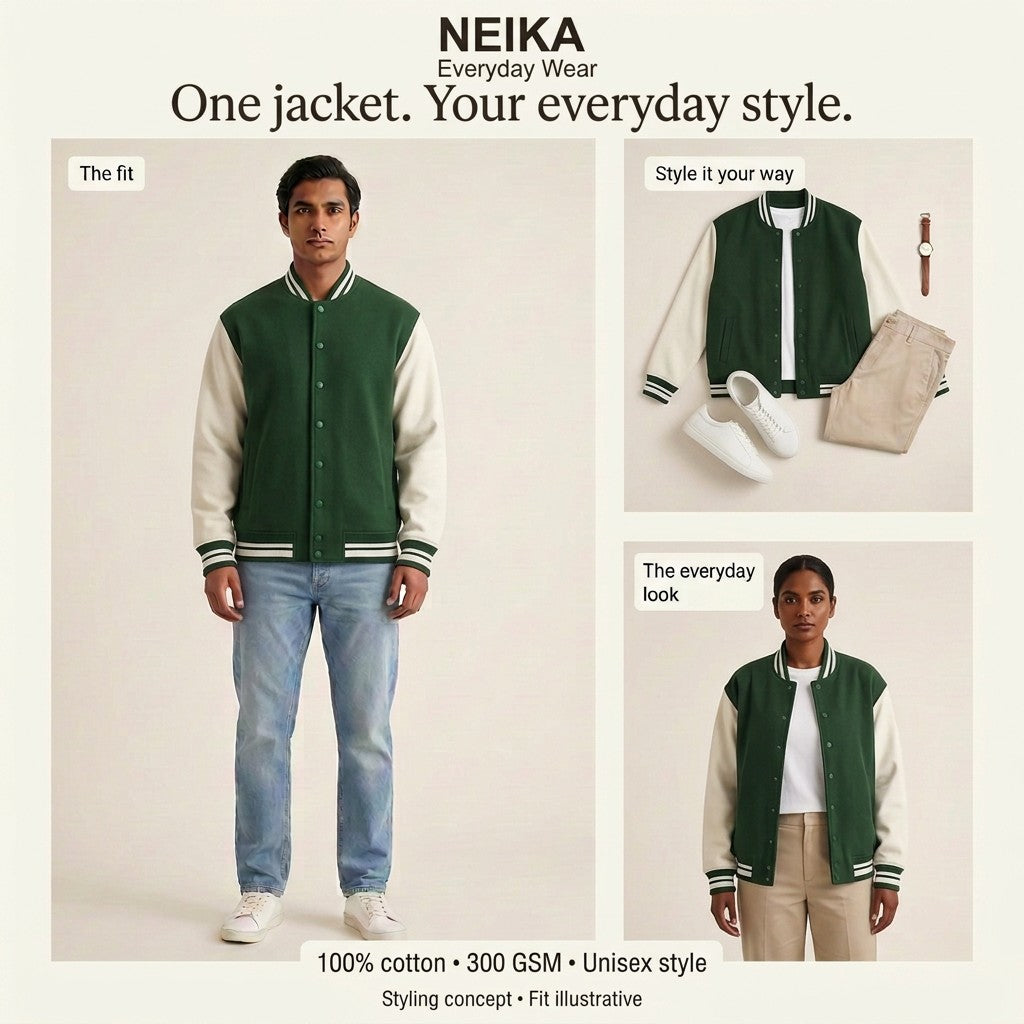 NEIKA Unisex Cotton Varsity Jacket, 300 GSM