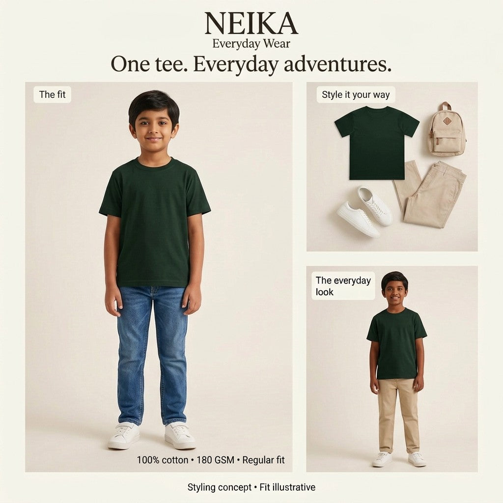 NEIKA Boys' Cotton Crew Neck T-Shirt, Regular Fit