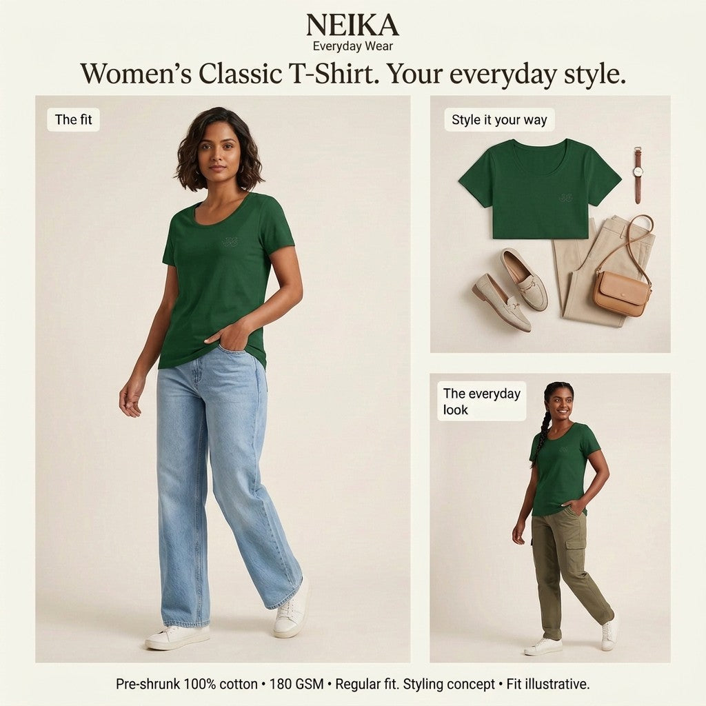 NEIKA Women's Classic Cotton T-Shirt, 180 GSM Regular Fit