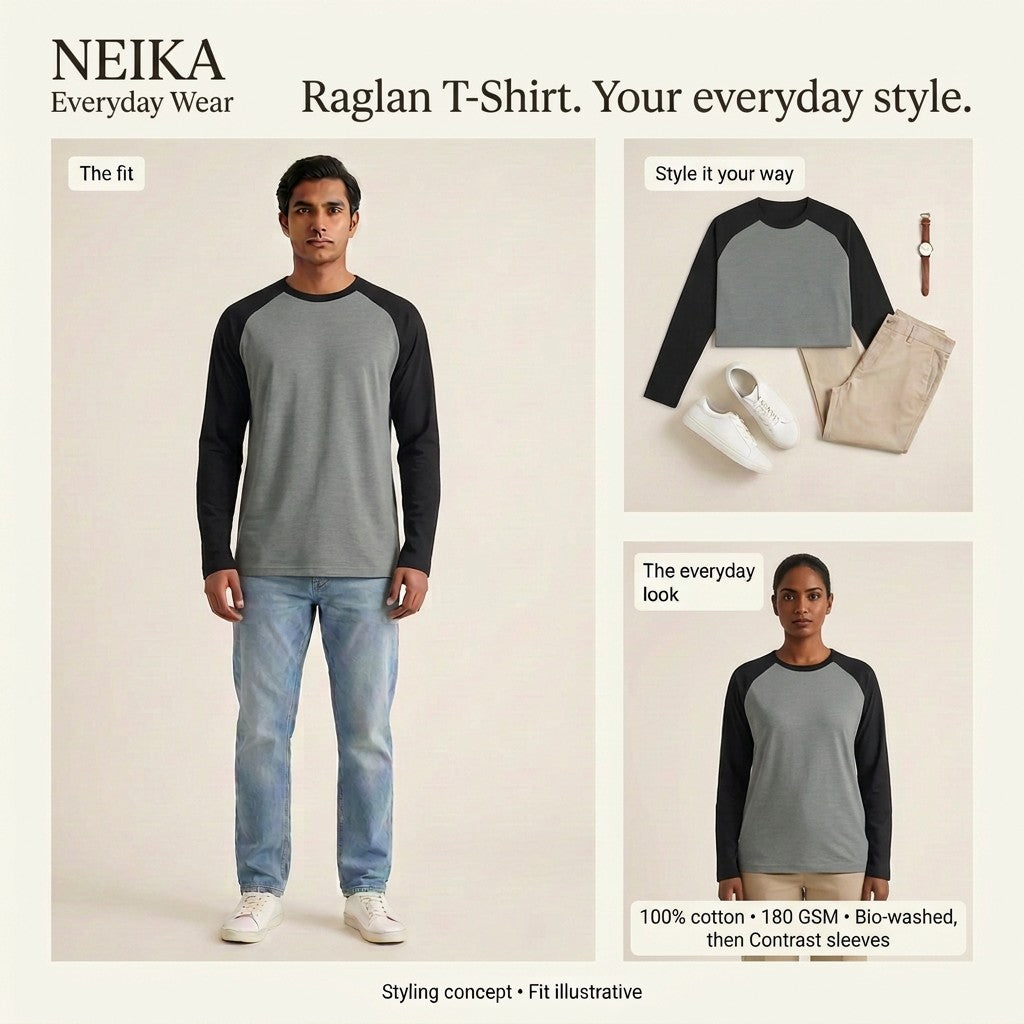 NEIKA Unisex Cotton Raglan T-Shirt, 180 GSM Contrast Sleeves
