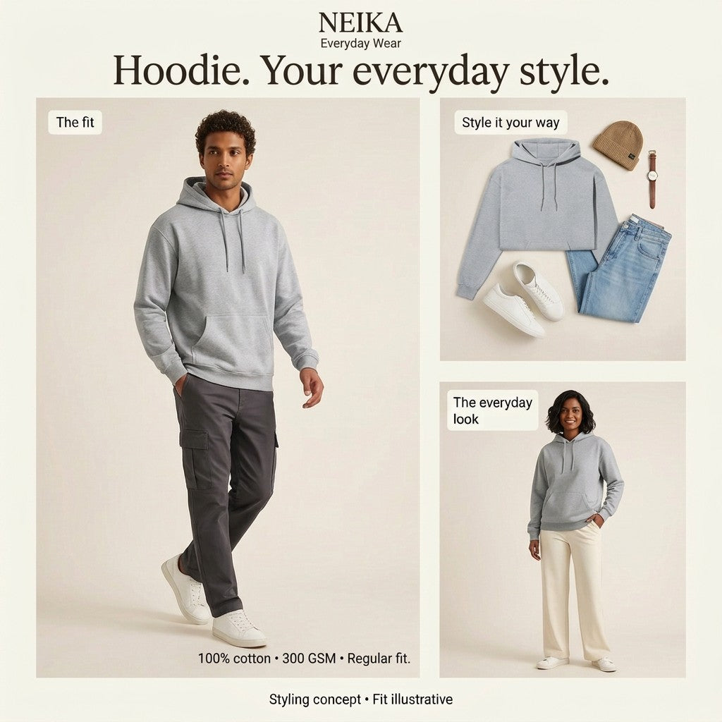 NEIKA Unisex Cotton Hoodie, 300 GSM Brushed Fleece Regular Fit