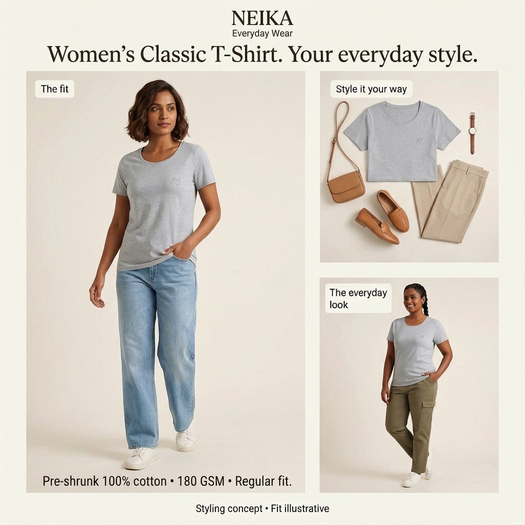 NEIKA Women's Classic Cotton T-Shirt, 180 GSM Regular Fit