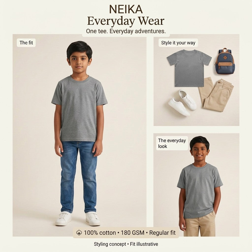 NEIKA Boys' Cotton Crew Neck T-Shirt, Regular Fit