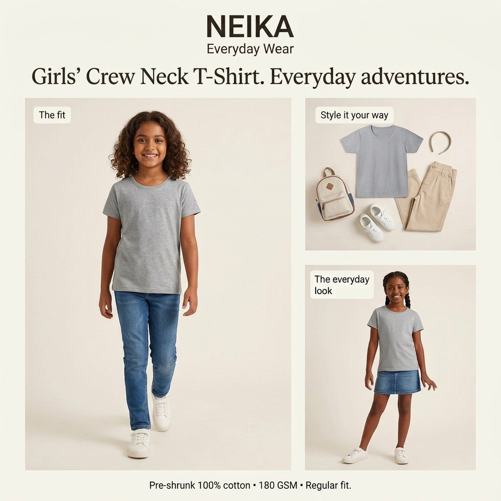 NEIKA Girls' Cotton Crew Neck T-Shirt, 180 GSM Regular Fit