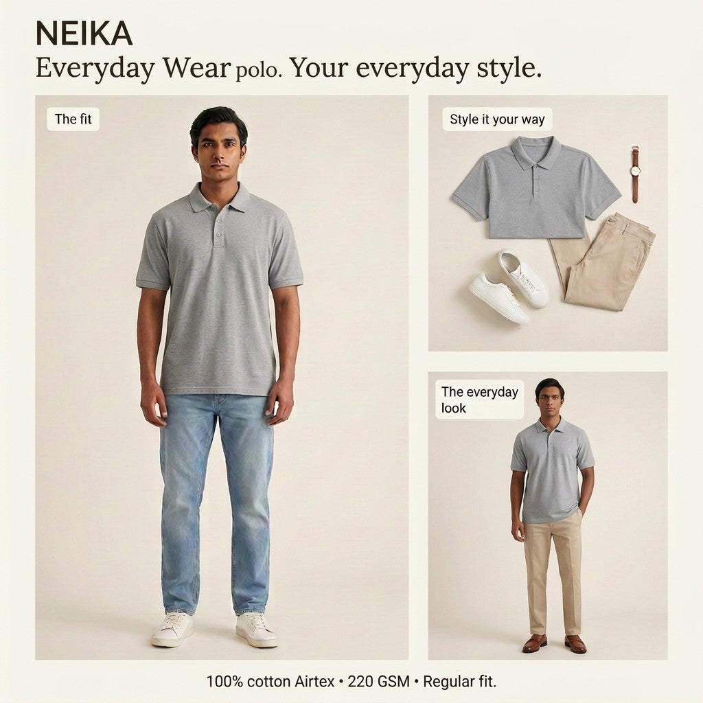 NEIKA Unisex Cotton Airtex Polo T-Shirt, Regular Fit