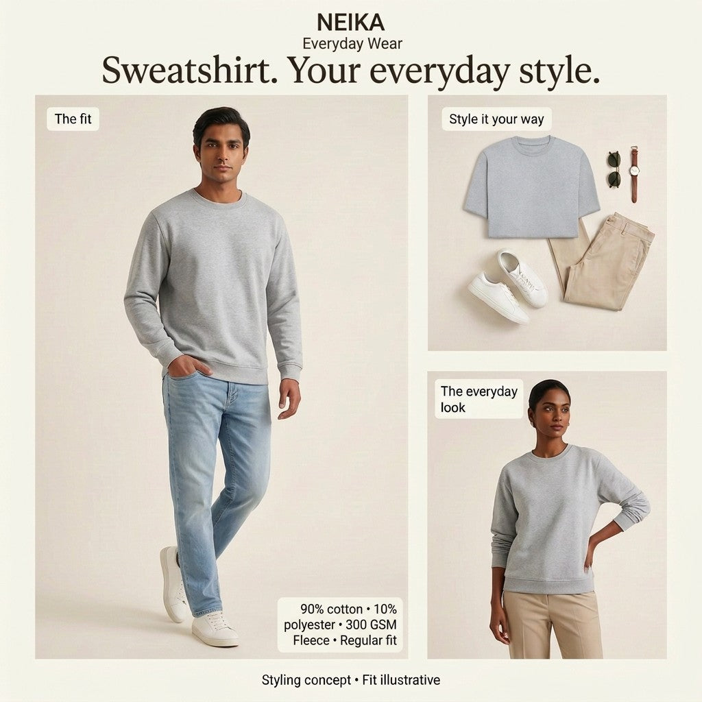 NEIKA Unisex Fleece Sweatshirt, 300 GSM Cotton Blend Regular Fit