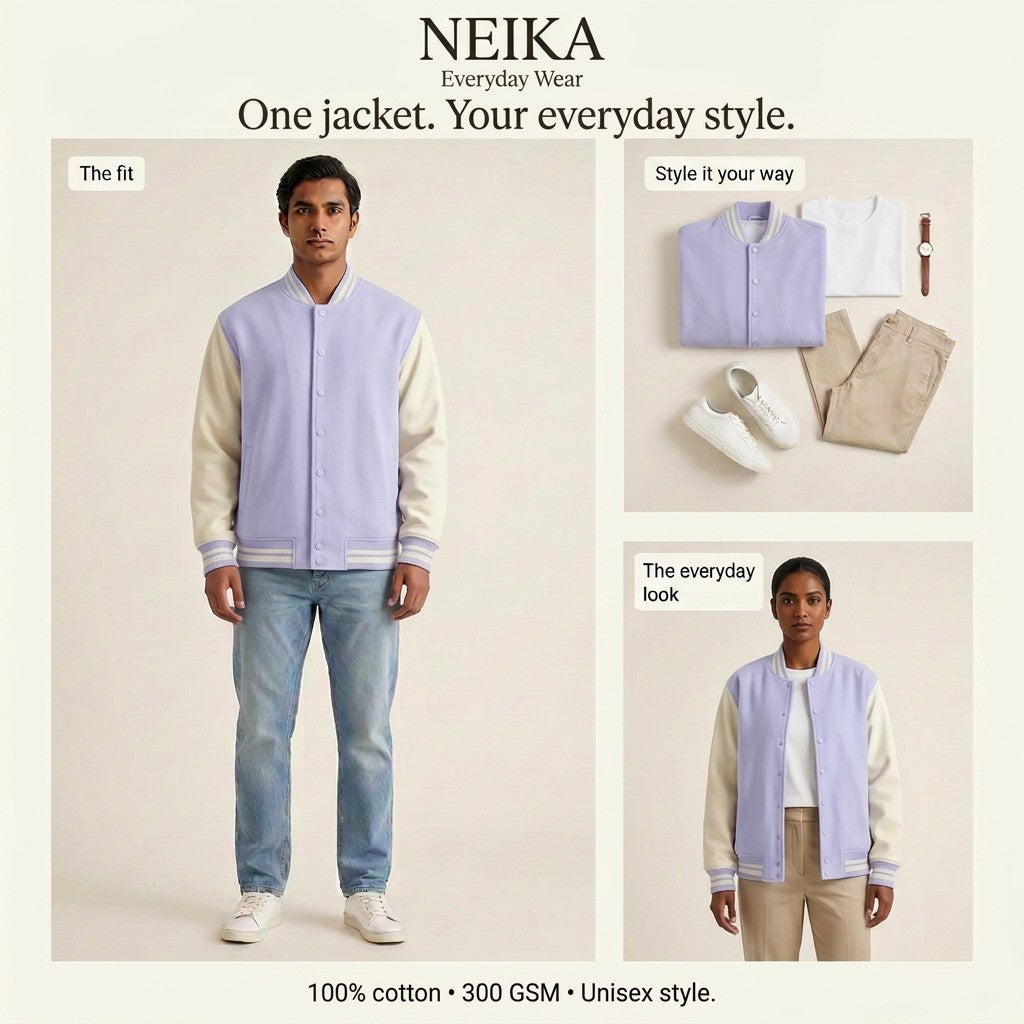 NEIKA Unisex Cotton Varsity Jacket, 300 GSM