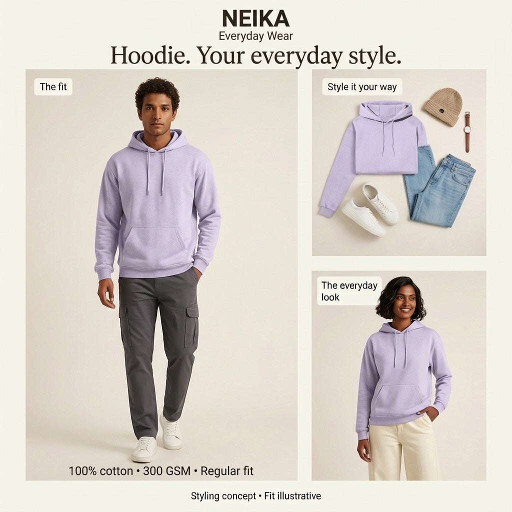 NEIKA Unisex Cotton Hoodie, 300 GSM Brushed Fleece Regular Fit