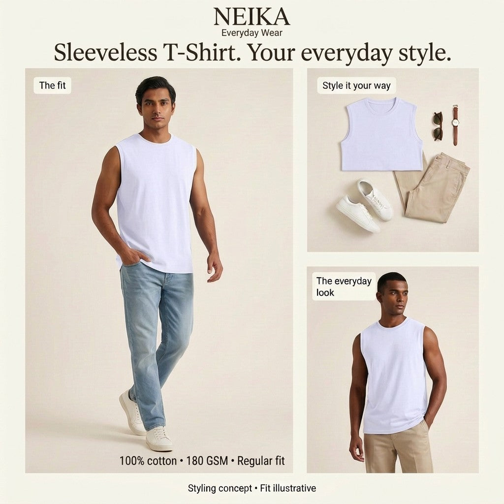 NEIKA Men's Sleeveless Cotton T-Shirt, 180 GSM Regular Fit