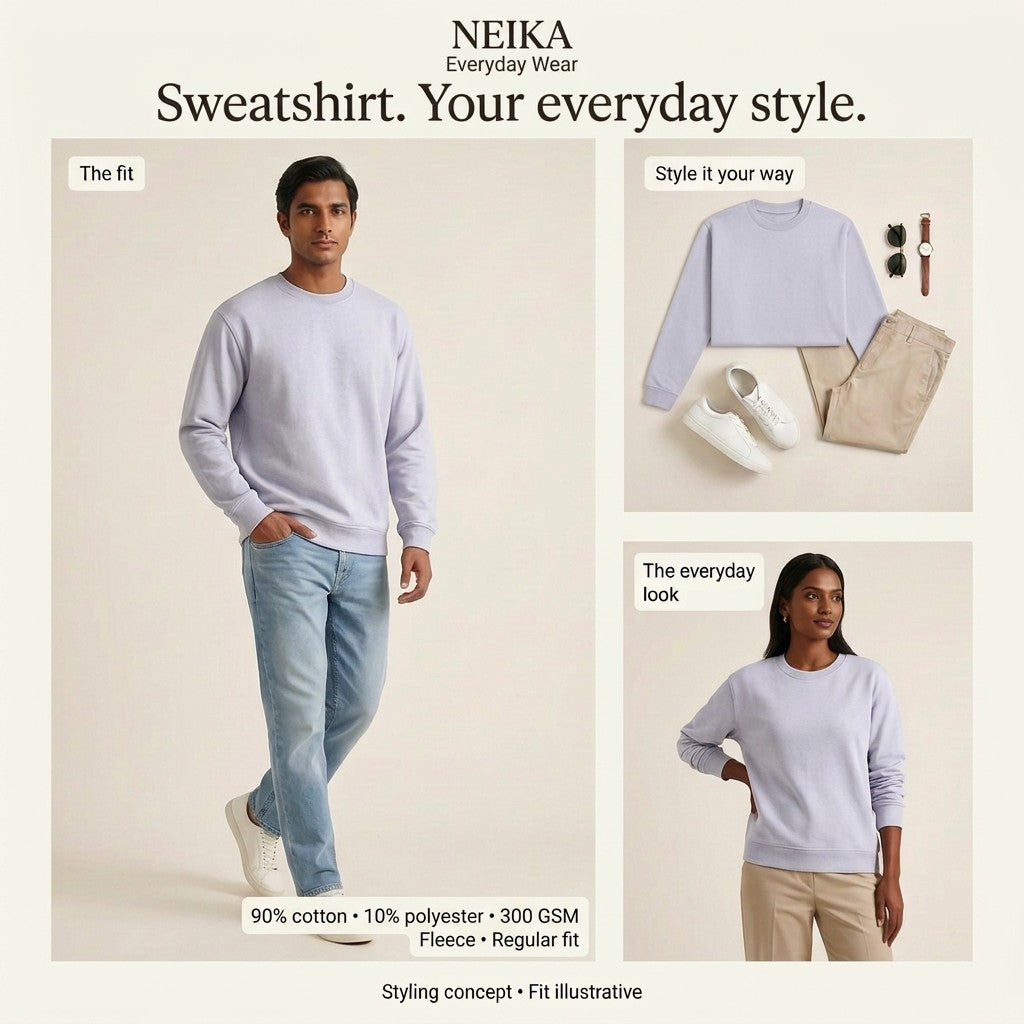 NEIKA Unisex Fleece Sweatshirt, 300 GSM Cotton Blend Regular Fit