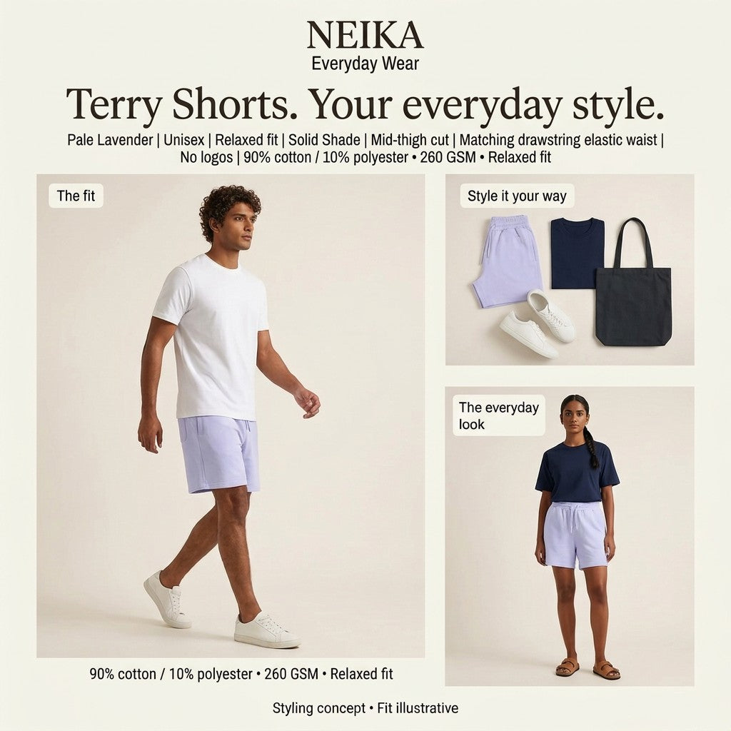 NEIKA Unisex Terry Shorts, 260 GSM Cotton Blend Relaxed Fit