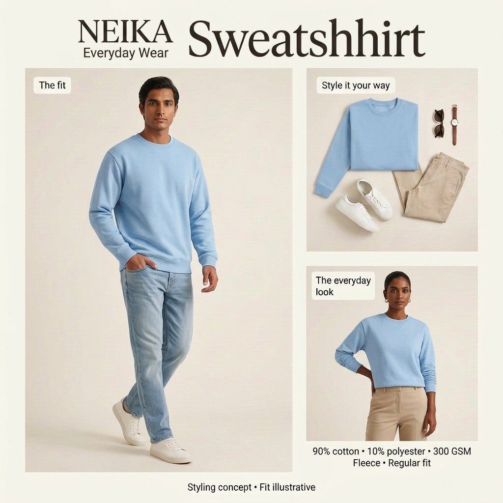 NEIKA Unisex Fleece Sweatshirt, 300 GSM Cotton Blend Regular Fit