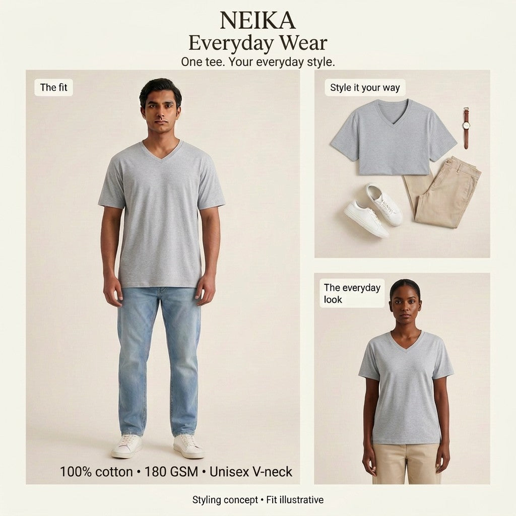 NEIKA Unisex Cotton V-Neck T-Shirt, 180 GSM