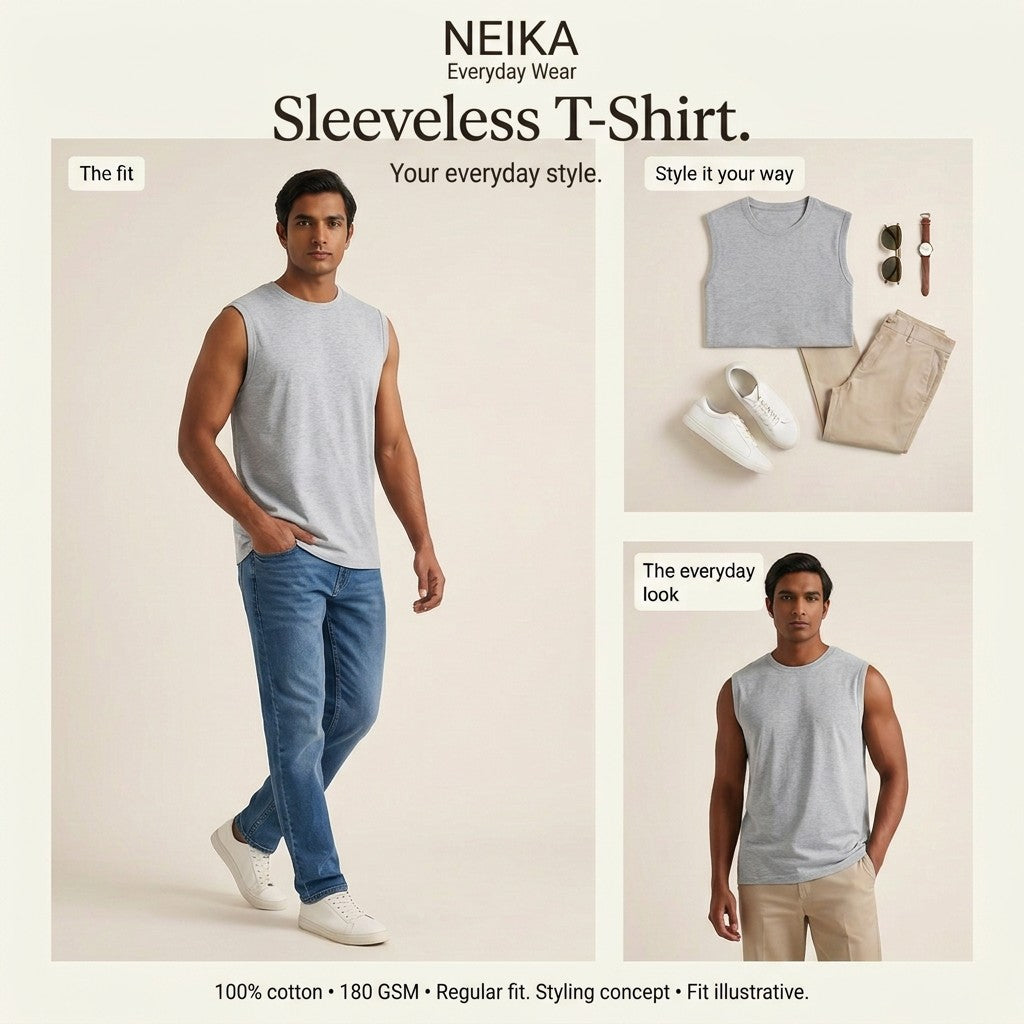 NEIKA Men's Sleeveless Cotton T-Shirt, 180 GSM Regular Fit