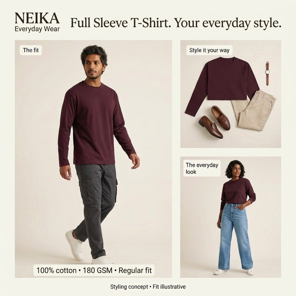 NEIKA Unisex Full Sleeve Cotton T-Shirt, 180 GSM Regular Fit
