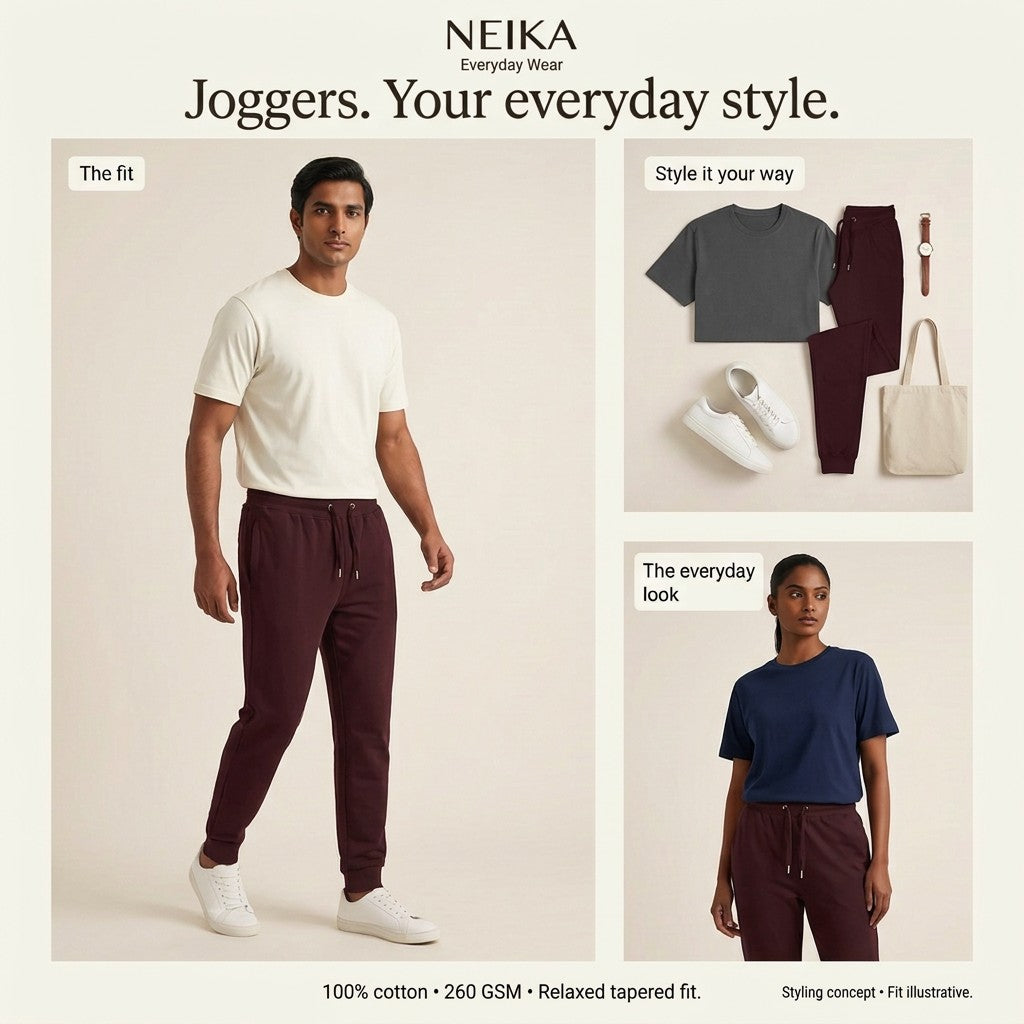 NEIKA Unisex Cotton Joggers, 260 GSM Relaxed Tapered Fit