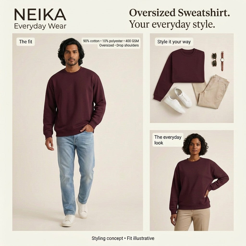 NEIKA Unisex Oversized Sweatshirt, 400 GSM Cotton Blend
