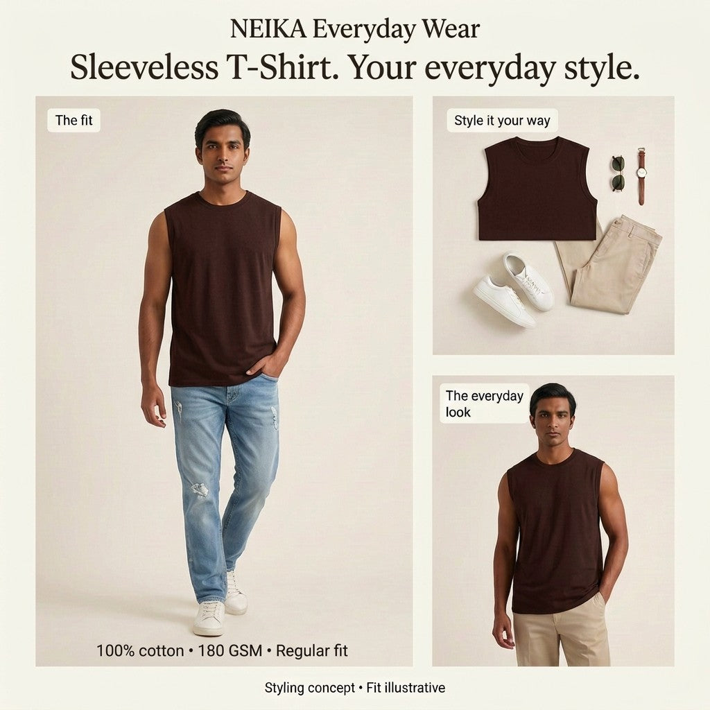 NEIKA Men's Sleeveless Cotton T-Shirt, 180 GSM Regular Fit