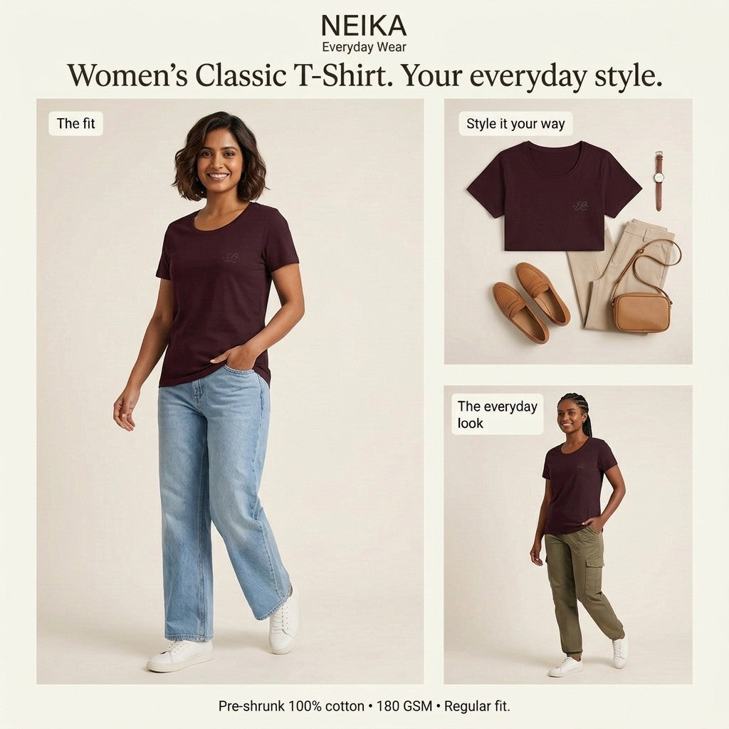 NEIKA Women's Classic Cotton T-Shirt, 180 GSM Regular Fit