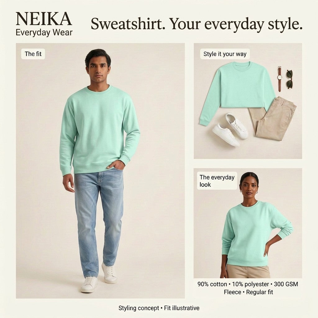 NEIKA Unisex Fleece Sweatshirt, 300 GSM Cotton Blend Regular Fit