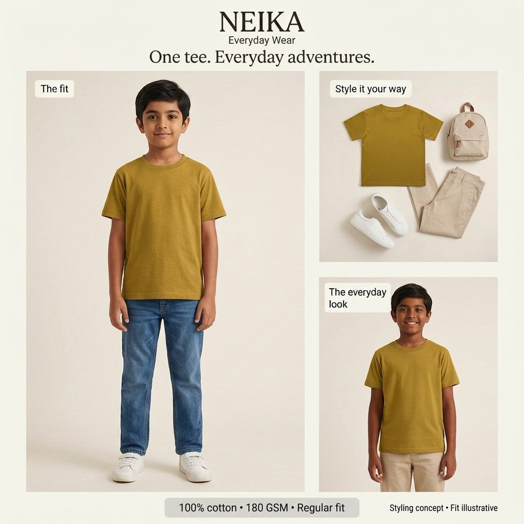 NEIKA Boys' Cotton Crew Neck T-Shirt, Regular Fit
