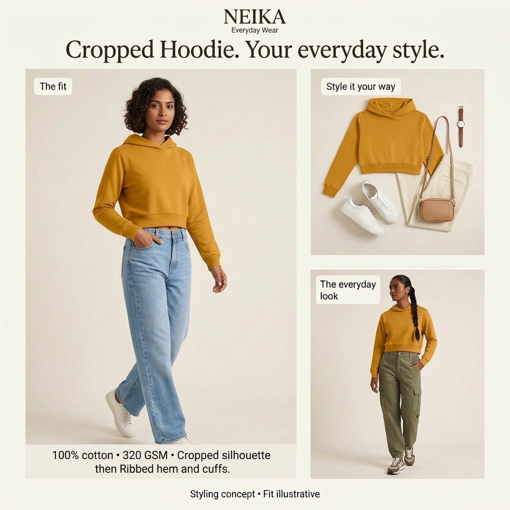NEIKA Women's Cropped Cotton Hoodie, 320 GSM Derby Rib Trim